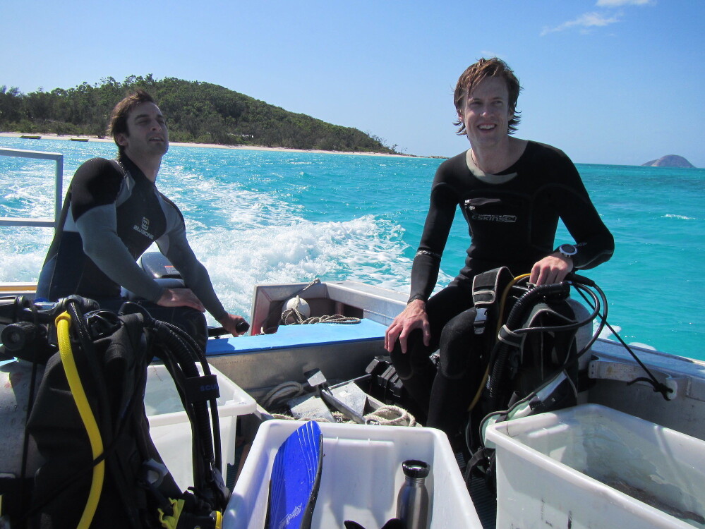 Fredrik Jutfelt, right and Timothy Clark out in the field on Australia’s Great Barrier Reef. Their three-year research project showed that ocean acidification had a negligible effect on coral reef fish behaviour. Fredrik Jutfelt, right and Timothy Clark out in the field on Australia’s Great Barrier Reef. Their three-year research project showed that ocean acidification had a negligible effect on coral reef fish behaviour.