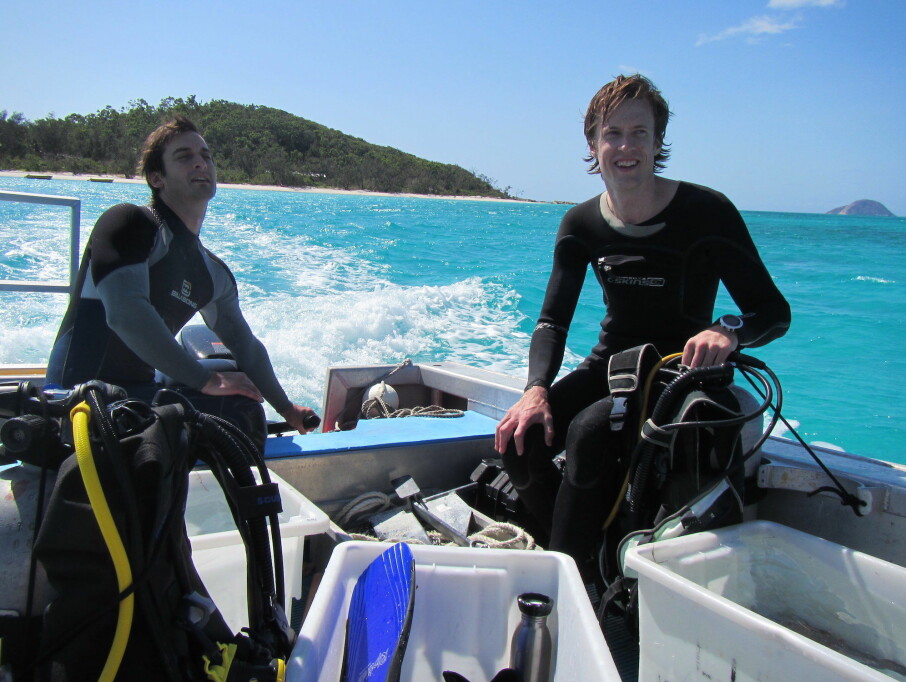 Fredrik Jutfelt, right and Timothy Clark out in the field on Australia’s Great Barrier Reef. Their three-year research project showed that ocean acidification had a negligible effect on coral reef fish behaviour.