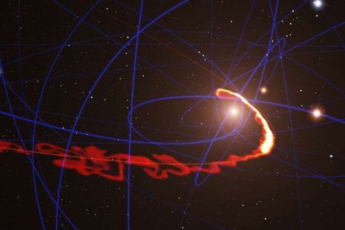 Her ser vi en simulering av gasskyen som blir strukket ut av det sorte hullets tyngdekraft. (Foto: ESO/S. Gillessen/MPE/Marc Schartmann)