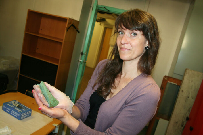 Arkeolog Anne Lene Melheim mener at malm i norske fjell kan ha vært råstoff for bronsealderens våpen, redskaper og smykker. Her holder hun en bronseøks fra yngre bronsealder. (Foto: Asle Rønning) Arkeolog Anne Lene Melheim mener at malm i norske fjell kan ha vært råstoff for bronsealderens våpen, redskaper og smykker. Her holder hun en bronseøks fra yngre bronsealder. (Foto: Asle Rønning)