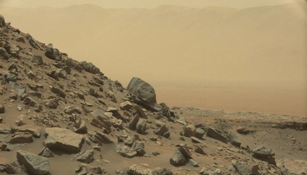 Dette krateret kalles Gale-krateret. (NASA/JPL-Caltech/MSSS) Dette krateret kalles Gale-krateret. (NASA/JPL-Caltech/MSSS)