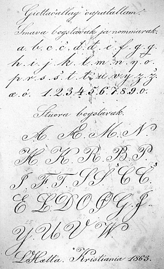 Lars Hætta og Anders Bær lærte å skrive i fengsel som voksne. Her har Hætta sirlig notert bokstavene, fire år før han slapp ut i 1867. Lars Hætta og Anders Bær lærte å skrive i fengsel som voksne. Her har Hætta sirlig notert bokstavene, fire år før han slapp ut i 1867.