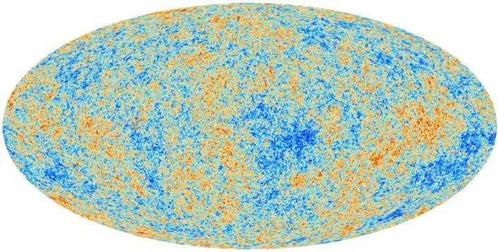 Det første bildet av den kosmiske bakgrunnsstrålingen tatt av Planck-satellitten. Dette er det mest nøyaktige bildet av det tidlige univers som noen sinne har blitt tatt. De ulike fargene representerer ørsmå variasjoner i temperatur. Rødt er litt varmere enn gjennomsnittet, og blått er litt kaldere. Disse temperaturvariasjonene ved universets begynnelse var kilden til all fremtidig strukturdannelse i universet: galaksene og stjernene som vi ser i dag. Temperaturkartet er basert på de første 15 og en halv månedene med data fra Planck. (Foto: ESA, Planck Collaboration)