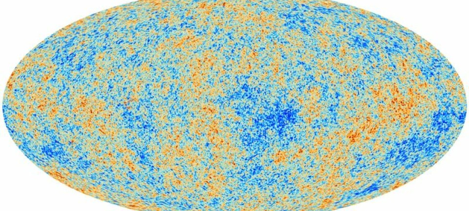 Det første bildet av den kosmiske mikrobølgebakgrunnen tatt av Planck. Fargene representerer ørsmå variasjoner i temperatur. Disse var kilden til alle strukturerer i universet. Grafikk: ESA/The Planck Collaboration ESA, Planck Collaboration