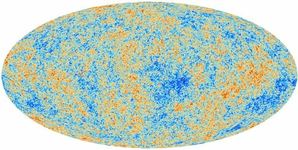 Det første bildet av den kosmiske mikrobølgebakgrunnen tatt av Planck. Fargene representerer ørsmå variasjoner i temperatur. Disse var kilden til alle strukturerer i universet. Grafikk: ESA/The Planck Collaboration (Foto: ESA, Planck Collaboration)