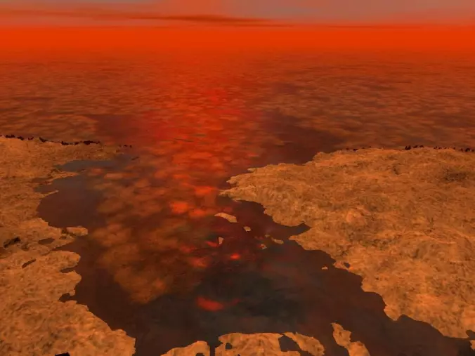Slik ser en kunstner for seg at det kan se ut ved en av innsjøene på Titan.