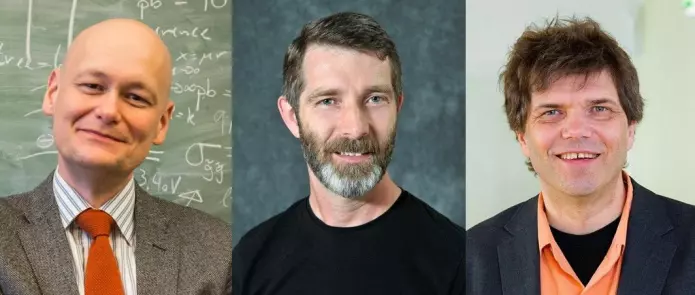 Fysikkprofessorene Are Raklev (t.v.), Alex Read og Gaute Einevoll er ikke med på at ordet «krise» gir et riktig bilde av tilstanden i faget.