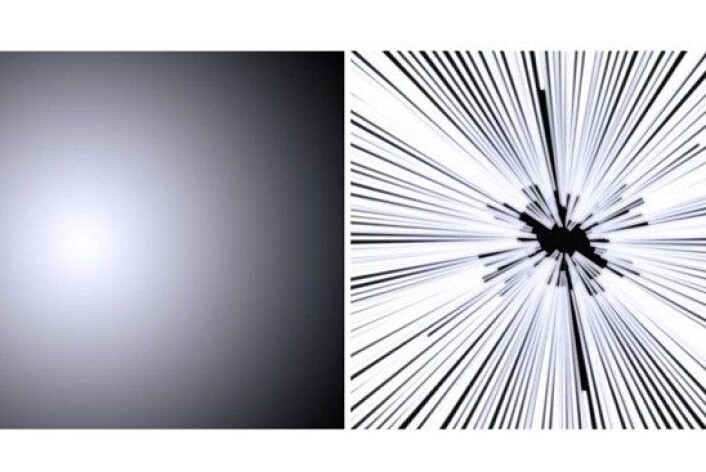 Bildet til høyre er slik en reise i lysets hastighet er fremstilt i Star Wars-filmene. Studenter ved Universitet i Leicester mener det ville sett ut som på bildet til venstre. (Foto: University of Leicester) Bildet til høyre er slik en reise i lysets hastighet er fremstilt i Star Wars-filmene. Studenter ved Universitet i Leicester mener det ville sett ut som på bildet til venstre. (Foto: University of Leicester)