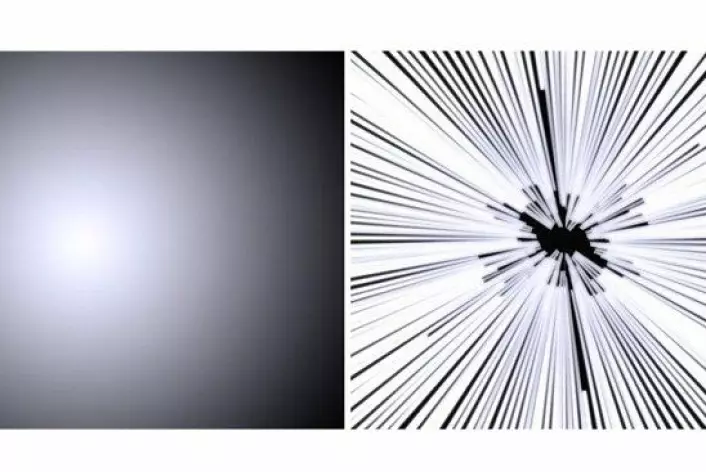 Bildet til høyre er slik en reise i lysets hastighet er fremstilt i Star Wars-filmene. Studenter ved Universitet i Leicester mener det ville sett ut som på bildet til venstre. (Foto: University of Leicester)