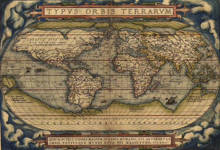 Verdenskartet "Typvs Orbis Terrarvm" tegnet av Abraham Ortelius (Abraham Ortels) i 1570. (Foto: (Bilde: U.S. Library of Congress)) Verdenskartet "Typvs Orbis Terrarvm" tegnet av Abraham Ortelius (Abraham Ortels) i 1570. (Foto: (Bilde: U.S. Library of Congress))