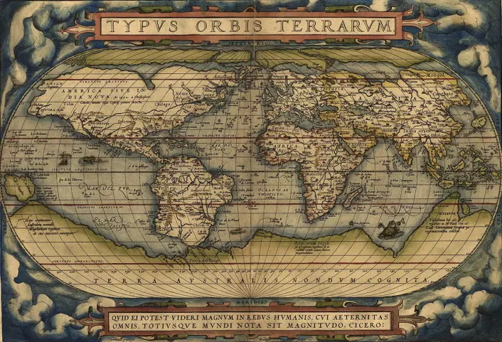 Verdenskartet "Typvs Orbis Terrarvm" tegnet av Abraham Ortelius (Abraham Ortels) i 1570. (Foto: (Bilde: U.S. Library of Congress))