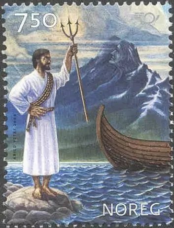 "Njord: Postens frimerke med havguden Njord. Utgitt 26. mars 2004. Design: Enzo Finger"