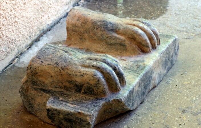 Bare deler av statuen er funnet, men inskripsjonen mellom løveføttene forteller at denne sfinksen en gang hadde hodet til kong Menkaure. (Foto: Amnon Ben-Tor/Sharon Zuckerman) Bare deler av statuen er funnet, men inskripsjonen mellom løveføttene forteller at denne sfinksen en gang hadde hodet til kong Menkaure. (Foto: Amnon Ben-Tor/Sharon Zuckerman)