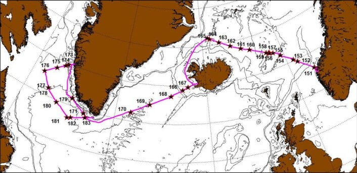 En lang reise, både til Nuuk og tilbake igjen, har gitt over 100 målestasjoner. På dette kartet er de store tegnet inn med stjerne. (Foto: (Bilde: Peter Wiebe)) En lang reise, både til Nuuk og tilbake igjen, har gitt over 100 målestasjoner. På dette kartet er de store tegnet inn med stjerne. (Foto: (Bilde: Peter Wiebe))