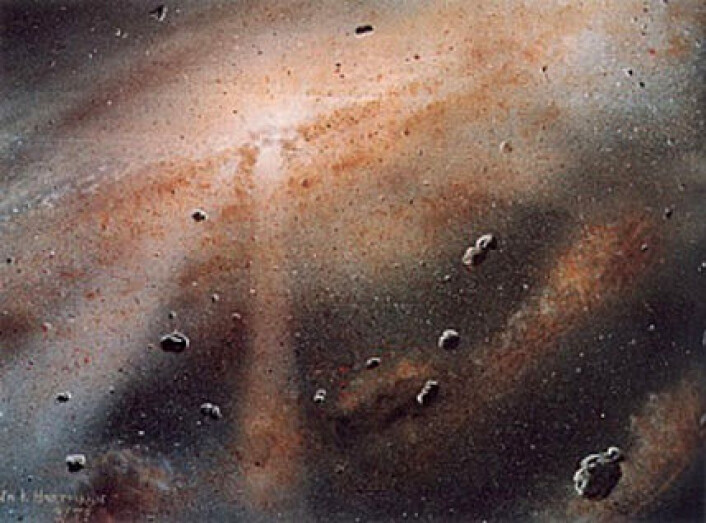 Et solsystem dannes av en sky av gass og støv. Fortetninger i skyen blir til sola i midten og planetene rundt. (Foto: (Illustrasjon: William K. Hartmann, Planetary Science Institute, Tucson, Arizona/NASA)) Et solsystem dannes av en sky av gass og støv. Fortetninger i skyen blir til sola i midten og planetene rundt. (Foto: (Illustrasjon: William K. Hartmann, Planetary Science Institute, Tucson, Arizona/NASA))