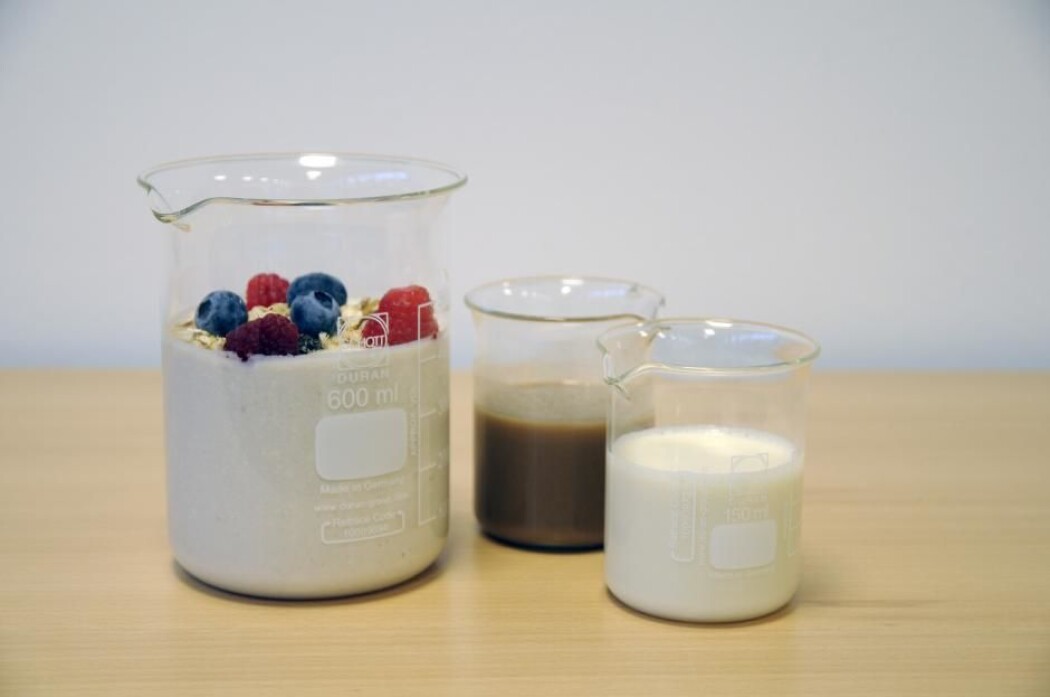 Den nye yoghurten består av tre ingredienser: soya, mask og melkesyrebakterier. Til venstre ser vi yoghurten ved siden av plantebasen (mask) i midten og soyadrikk til høyre. Den nye yoghurten består av tre ingredienser: soya, mask og melkesyrebakterier. Til venstre ser vi yoghurten ved siden av plantebasen (mask) i midten og soyadrikk til høyre.