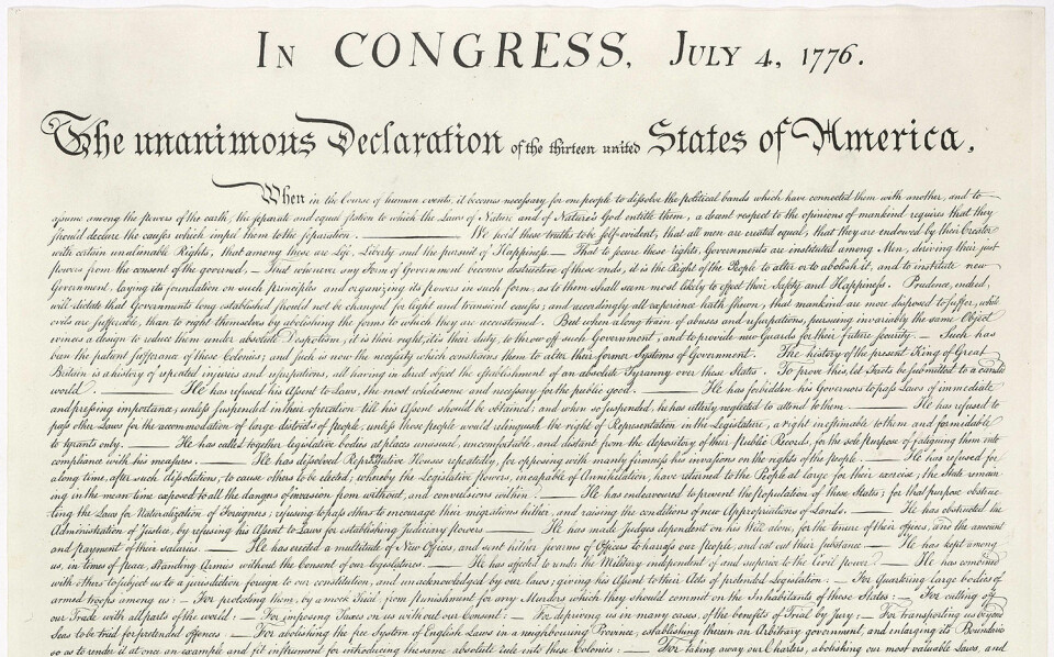 Faksimile av USAs uavhengighetserklæringen. Sitatet i teksten kan leses i første avsnitt, etter den lange streken i linje 3. (Foto: (Bilde: Wikimedia Commons))
