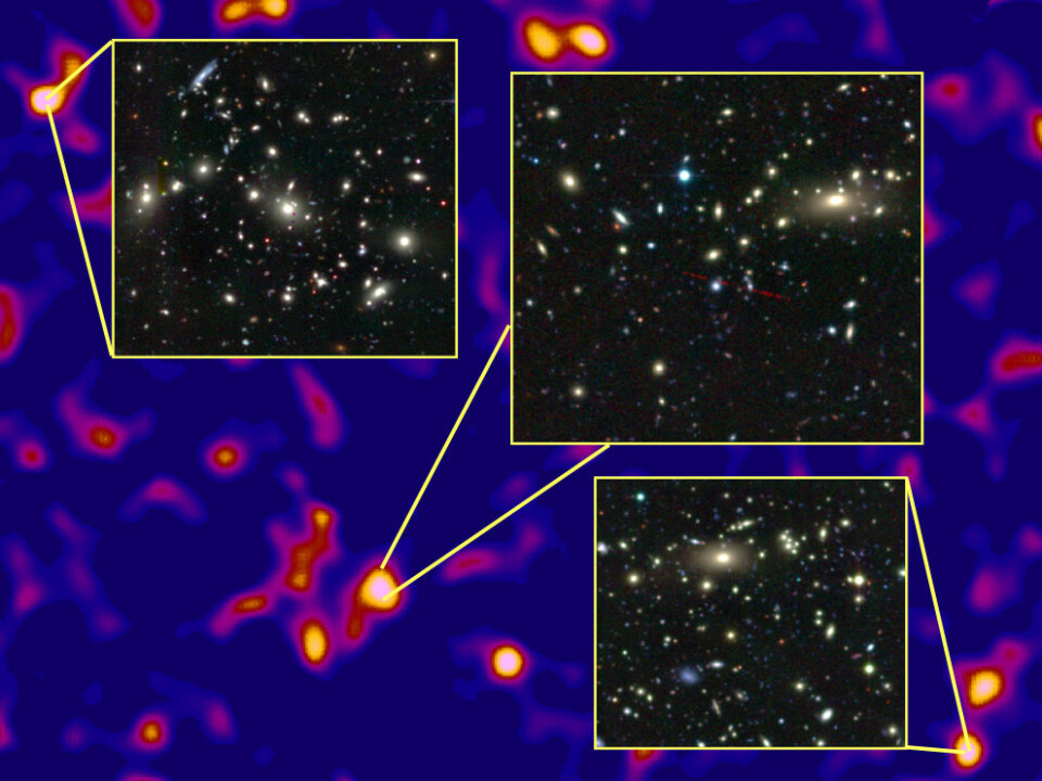 På stedene hvor det ser ut til å være mest mørk materie finnes store samlinger av galakser. (Foto: (Illustrasjon: Van Waerbeke, Heymans, CFHTLens))