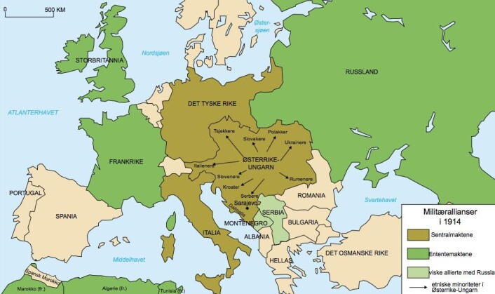 Tyskland, Østerrike-Ungarn og Italia sto sammen i ”Trippelalliansen” (Sentralmaktene). Frankrike, Russland og delvis Storbritannia sto sammen i ”Trippelententen” (Ententemaktene). (Foto: (Kart fra Wikipedia)) Tyskland, Østerrike-Ungarn og Italia sto sammen i ”Trippelalliansen” (Sentralmaktene). Frankrike, Russland og delvis Storbritannia sto sammen i ”Trippelententen” (Ententemaktene). (Foto: (Kart fra Wikipedia))