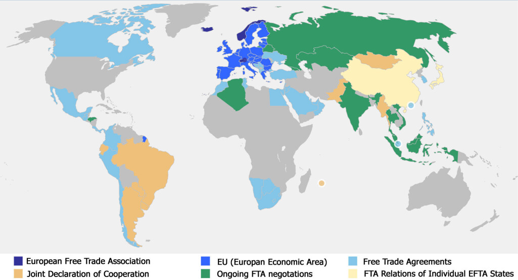 Kartet viser hvilke frihandelsavtaler Norge har. Kartet viser hvilke frihandelsavtaler Norge har.
