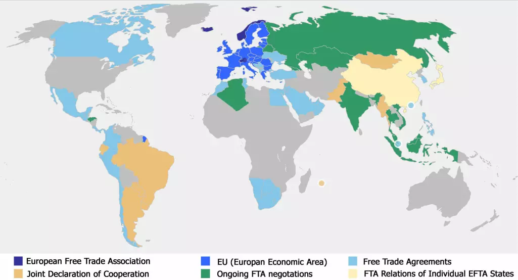 Kartet viser hvilke frihandelsavtaler Norge har.