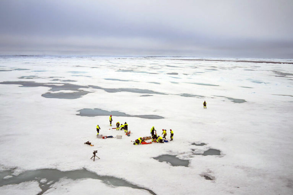 Forskere samler inn prøver fra is og vann.