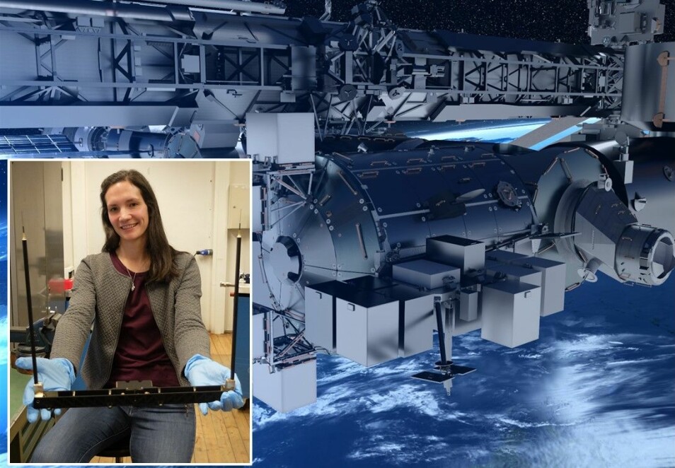 Overingeniør Maren Charlotte Lithun med måleapparatet som snart skal festes til Den internasjonale romstasjonen.