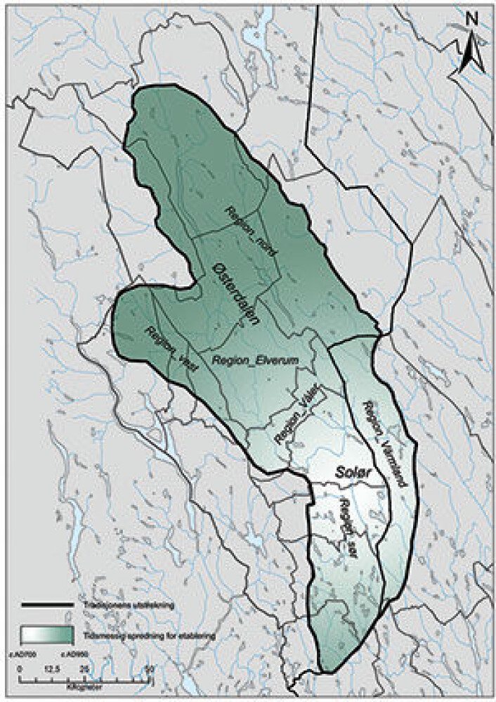 Spredning av jernutvinningsteknologi i Hedmark, ca AD 700-950. I perioden ca AD 950-1300 pågikk det produksjon i hele dette området. (Foto: (Illustrasjon: Bernt Rundberget)) Spredning av jernutvinningsteknologi i Hedmark, ca AD 700-950. I perioden ca AD 950-1300 pågikk det produksjon i hele dette området. (Foto: (Illustrasjon: Bernt Rundberget))