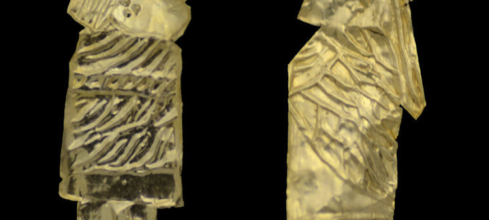 29 slike gullgubber ble funnet ved Västra Vång i Blekinge. Hver av figurene er ikke mer en 1-2 centimeter høy. Max Jahrehorn, Blekinge museum