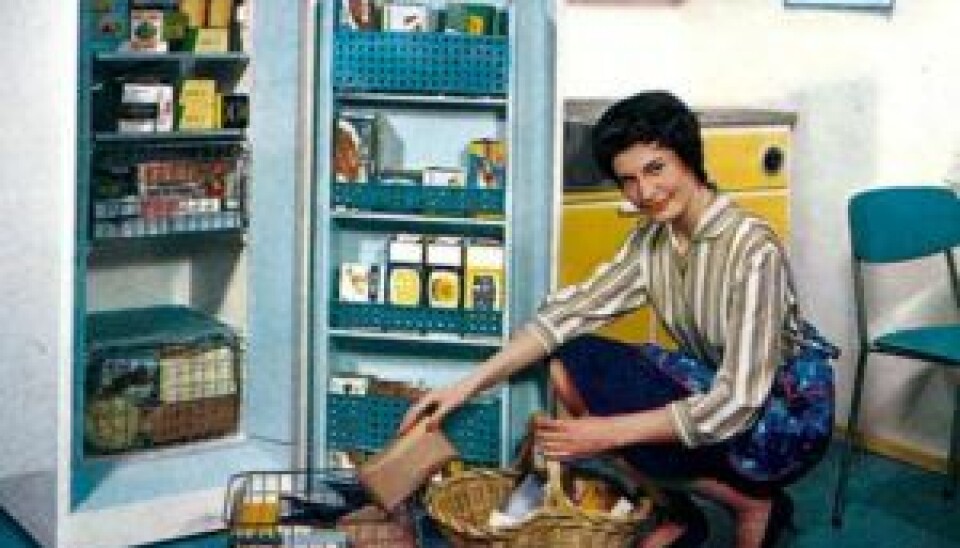 Slik så fryseindustrien i sine reklamer for seg at den vakre og moderne husmoren skulle fylle hjemmefryseren med ferdigvarer. Men de fleste bokser ble fylt med selvbergingsprodukter. (Foto: Mandal RadioElektro, 1964)