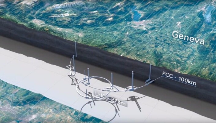 LHC er den lille ringen i midten, mens den foreslåtte FCC er mye større LHC er den lille ringen i midten, mens den foreslåtte FCC er mye større