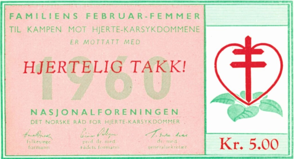 Hjertefemmeren. I forbindelse med Nasjonalforeningen for folkehelsens første hjerteaksjon i 1959 ble «februarfemmeren» innført som en del av kampanjen. Resultatet av Hjerteaksjonen ble 48 000 kroner som la grunnlaget for videre arbeid med hjertesykdom. Hjertefemmeren. I forbindelse med Nasjonalforeningen for folkehelsens første hjerteaksjon i 1959 ble «februarfemmeren» innført som en del av kampanjen. Resultatet av Hjerteaksjonen ble 48 000 kroner som la grunnlaget for videre arbeid med hjertesykdom.