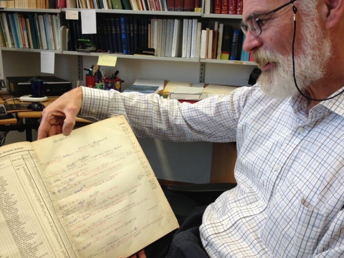 Tom Schmidt viser fram den norske navneforskeren og arkeologen Oluf Ryghs nedtegnelser som han gjorde da han skulle fornorske norske gårdsnavn på 1800-tallet. For å skjønne betydningen, måtte han finne både uttalen, beliggenheten og den gamle skriftformen av navnet. (Foto: Marianne Nordahl) Tom Schmidt viser fram den norske navneforskeren og arkeologen Oluf Ryghs nedtegnelser som han gjorde da han skulle fornorske norske gårdsnavn på 1800-tallet. For å skjønne betydningen, måtte han finne både uttalen, beliggenheten og den gamle skriftformen av navnet. (Foto: Marianne Nordahl)