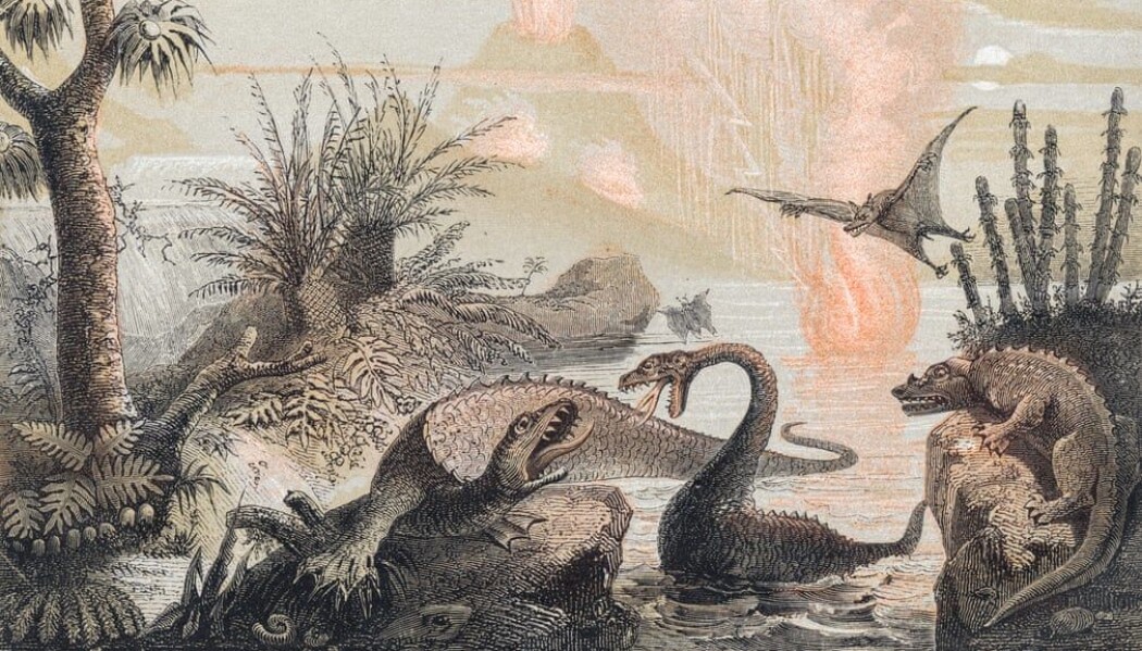 Bildet "Den primitive verden", er et kunstverk fra 1857 som viser dinosaurenes verden slik denne kunstneren så det for seg: kravlende øgler i en apokalyptisk fortid. Bildet "Den primitive verden", er et kunstverk fra 1857 som viser dinosaurenes verden slik denne kunstneren så det for seg: kravlende øgler i en apokalyptisk fortid.