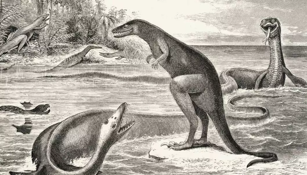 Edward Copes tegning av den første rovdinosauren som ble funnet, Dryptosaurus.