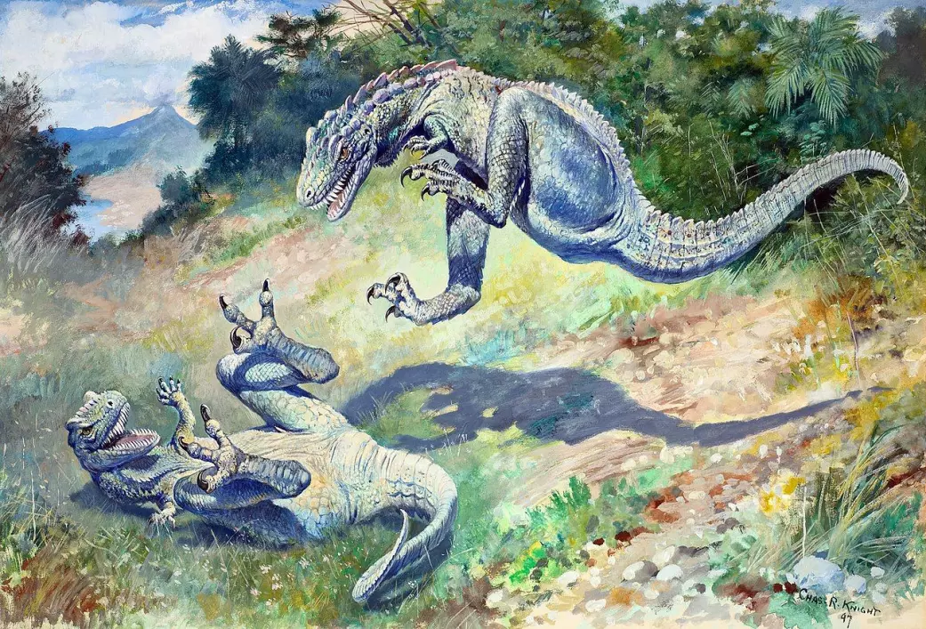 Charles Knight sitt maleri av en hoppende Dryptosaurus, har blitt kjent som det første bildet som viser aktive tobeinte rovdinosaurer. Til tross for størrelsen, så Knight for seg at disse dyrene som smidige og lette på foten. Bildet kan sammenlignes med Copes tidlige tegning av den samme arten.