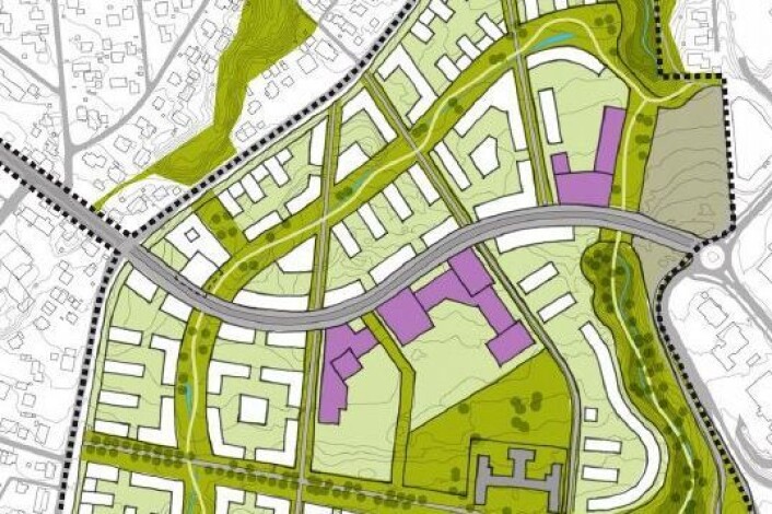 Utdrag av områdeplanen for Brøset. Boliger (hvitt), offentlige bygg (lilla). Den brede kollektivåren slynger seg gjennom området. (Foto: Trondheim kommune) Utdrag av områdeplanen for Brøset. Boliger (hvitt), offentlige bygg (lilla). Den brede kollektivåren slynger seg gjennom området. (Foto: Trondheim kommune)