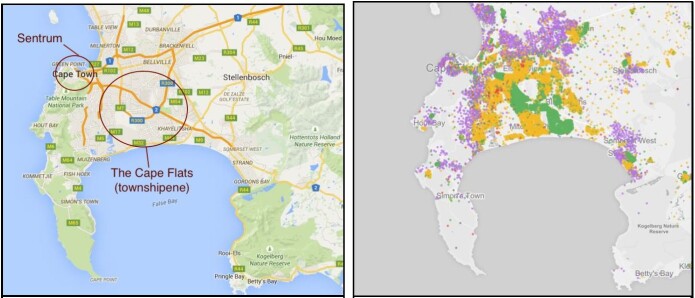 Til venstre: Skjermdump fra google maps. Til høyre: Skjermdump fra kart konstruert av Adrian Frith. Basert på statistikk fra Statistics South Africa Census 2011 viser kartet befolkningens bosettingsmønstre utifra et rase-perspektiv. I nasjonale statistikker deles befolkning fremdeles inn i fire rasekategorier (hvit, farget, svart og asiat/indisk). Til venstre: Skjermdump fra google maps. Til høyre: Skjermdump fra kart konstruert av Adrian Frith. Basert på statistikk fra Statistics South Africa Census 2011 viser kartet befolkningens bosettingsmønstre utifra et rase-perspektiv. I nasjonale statistikker deles befolkning fremdeles inn i fire rasekategorier (hvit, farget, svart og asiat/indisk).