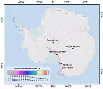 Fordeling av permafrost og bakketemperaturer i Antarktis. Mount Markham er markert med rødt og ligger i nordenden av Markham Plateu.