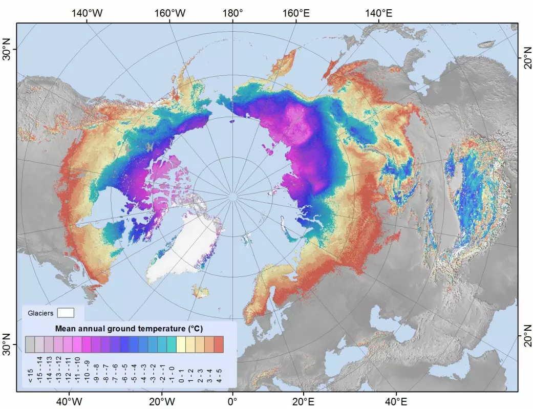 Fordelingen av permafrost og grunntemperaturer på den nordlige halvkule.