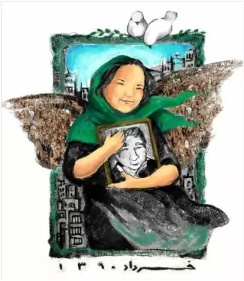 Menneskerettsaktivisten Haleh Sahabi som martyr. Tegningen blir brukt som profilbilde på Facebook-gruppa We Are All Haleh Sahabi.