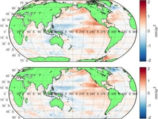 På figuren ser vi målinger fra to ulike satellitter, som viser at verdenshavene har steget de fleste steder på kloden. De røde flekkene markerer stigninger på opptil to millimeter i året. På figuren ser vi målinger fra to ulike satellitter, som viser at verdenshavene har steget de fleste steder på kloden. De røde flekkene markerer stigninger på opptil to millimeter i året.