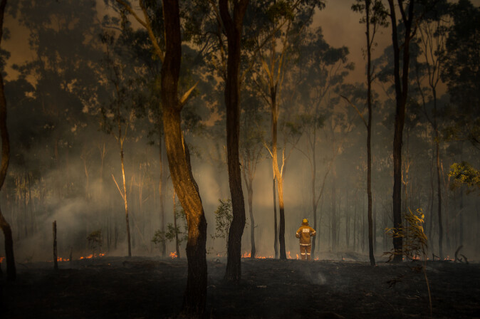 Brannmann ser oppgitt på resultatet av flammene i Queensland, Australia. Brannmann ser oppgitt på resultatet av flammene i Queensland, Australia.