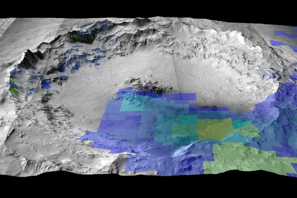 3D-bilde av Mojave-krateret på Mars hvor shergottitt-meteorittene stammer fra. (Foto: UiO)