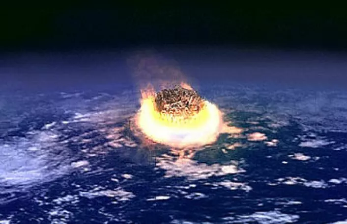 Kritt-katastrofen kalles også Kritt-Tertiær-katastrofen (KT-event). Trolig skyldtes den at en komet eller en asteroide (liten klode) kolliderte med jorda ved det som nå er Yucatan-halvøya i Mexico. (Foto: (Motasje fra NASA-foto, Wikimedia Commons))