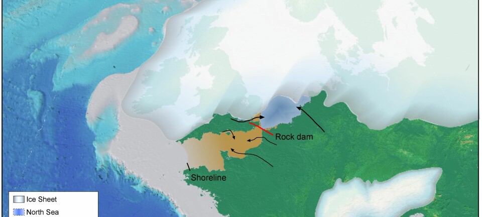 "Bildet viser deler av området som ble Den engelske kanal for omtrent 450 000 år siden. Islagte områder bredte seg ut og demmet opp for vannmasser. Bilde: S. Gupta og A. Whitchurch."
