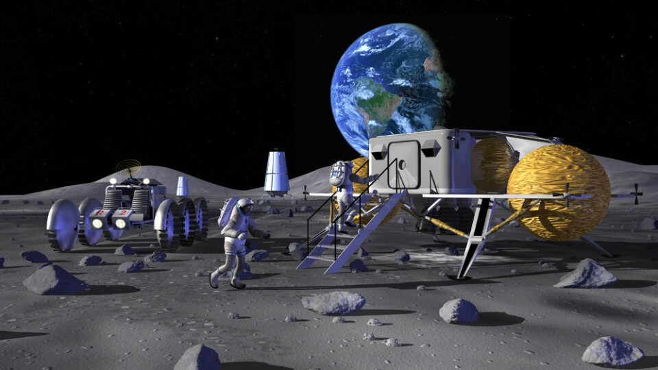 Framtidas månebaser kan bli lagt nær en av månens poler, der det er frosset vann i dype kratre hvor sola aldri skinner. Ved månens poler står jordkloden lavt over horisonten. (Foto: (Illustrasjon: NASA/www.colourbox.no))