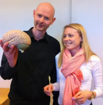 – Nervesignaler sendes fra ryggmargen til hjernen for bevisstgjøring av den smertefulle opplevelsen, forklarer Johannes Gjerstad og Line M. Jacobsen. (Foto: Elin Fugelsnes)