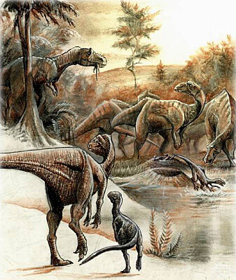 En flokk dinosaurer ved redene sine. En flokk dinosaurer ved redene sine.