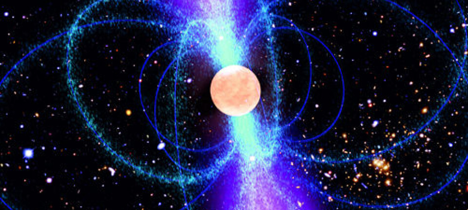 Pulsaren J1311-3430 er som andre pulsarer en nøytronstjerne, de supertette restene etter en supernova, som spinner og sender ut radiobølger. (Illustrasjon: NASA (pulsar), NASA/ESA, M. Jee og H. Ford (Johns Hopkins University) (Hubble Field), AEI/Milde Marketing Science Communication)